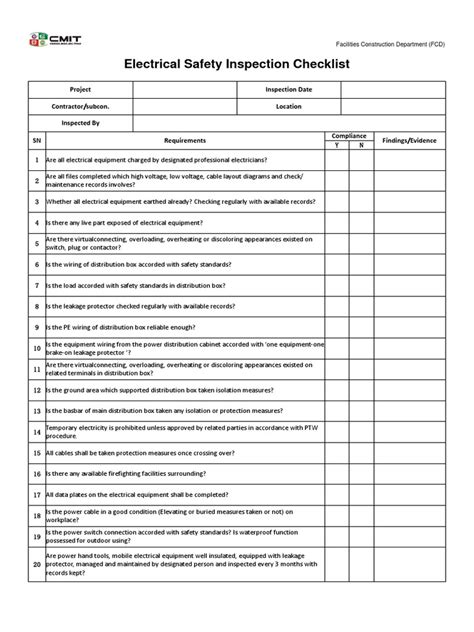 Electrical inspection checklist for dwellings 